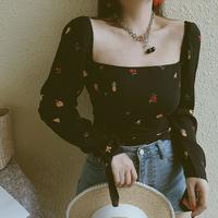 Vintage Square Collar Fruit Full Print Lace up Blouse Shirts - Thumbnail 2