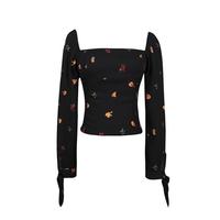 Vintage Square Collar Fruit Full Print Lace up Blouse Shirts - Thumbnail 4