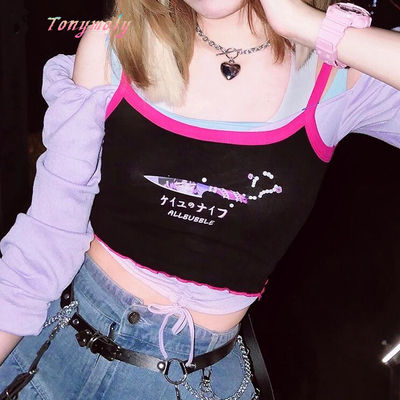 Harajuku anime girl print patchwork camisole top - Thumbnail 2