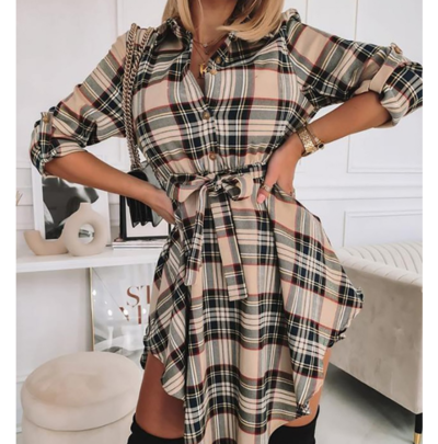 Check Irregular Women's Long Sleeve Dress