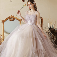 Pink tulle lace long prom dress pink evening dress - Thumbnail 4