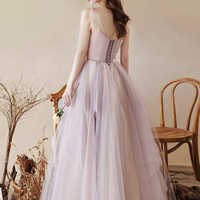 Pink tulle lace long prom dress pink evening dress - Thumbnail 5
