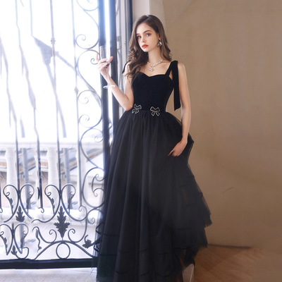 Black velvet tulle long prom dress evening dress - Thumbnail 2