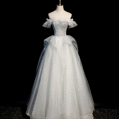 Light green tulle sequins long prom dress evening dress - Thumbnail 1