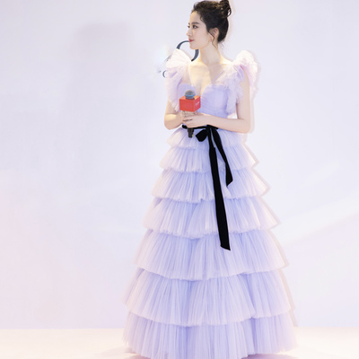 Purple tulle long prom dress a line evening dress - Thumbnail 2