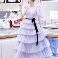 Purple tulle long prom dress A line evening dress - Thumbnail 1