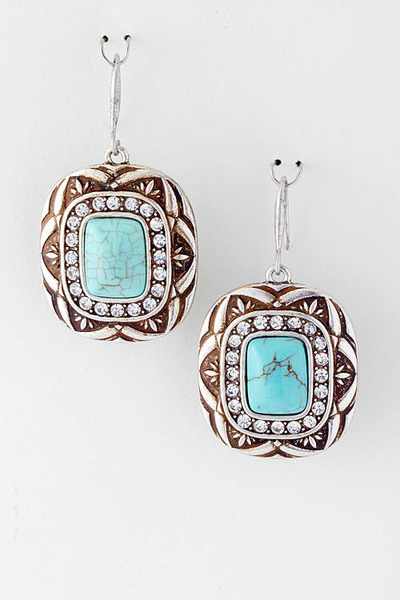 Square Turquoise Stone Metal Earrings