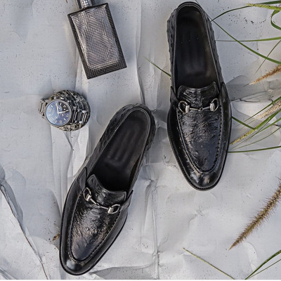 Handmade men's ostrich casual shoes, ostrich print leather shoes - Thumbnail 1