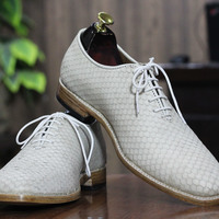 Handmade Python Texture Leather Whole Cut Shoes , Dress Formal Shoes, Green Two Tone Shoes - Thumbnail 3