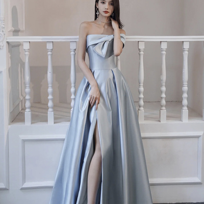 Blue satin long prom dress blue evening dress