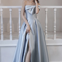 Blue satin long prom dress blue evening dress - Thumbnail 5