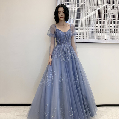 Blue tulle beads long prom dress blue evening dress - Thumbnail 2