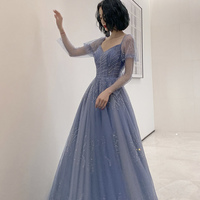 Blue tulle beads long prom dress blue evening dress - Thumbnail 1