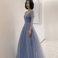 Blue tulle beads long prom dress blue evening dress - Thumbnail 2
