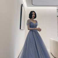 Blue tulle beads long prom dress blue evening dress - Thumbnail 3