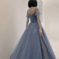 Blue tulle beads long prom dress blue evening dress - Thumbnail 4
