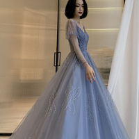 Blue tulle beads long prom dress blue evening dress - Thumbnail 5
