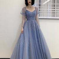 Blue tulle beads long prom dress blue evening dress - Thumbnail 7