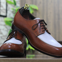 Handmade White & Black Round Toe Leather Lace Up Shoes For Men's  - Thumbnail 4