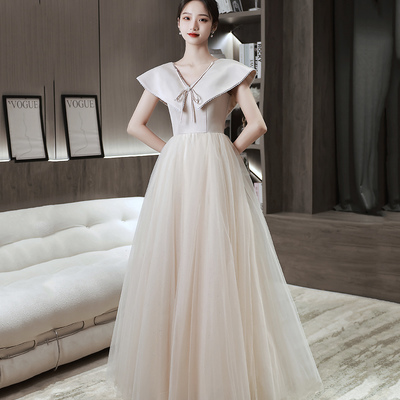 Cute tulle long prom dress champagne evening dress - Thumbnail 3