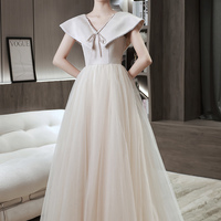 Cute tulle long prom dress champagne evening dress - Thumbnail 6