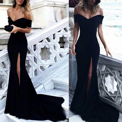 Off shoulder black prom dresses, sexy mermaid side slit prom dresses, cheap jersey prom dresses,865 - Thumbnail 2