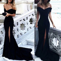 Off Shoulder Black Prom Dresses, Sexy Mermaid Side Slit Prom Dresses, Cheap Jersey Prom Dresses,865 - Thumbnail 1