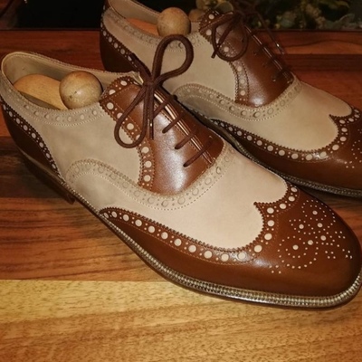 Luxury men's hand made two tone shoes, leather wingtip brogue lace up shoes - Thumbnail 2