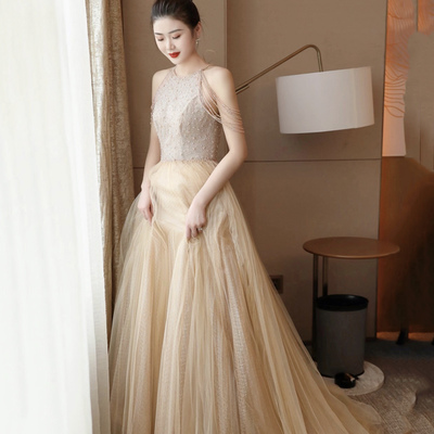 Champagne tulle beads long prom dress evening dress - Thumbnail 2