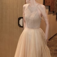 Champagne tulle beads long prom dress evening dress - Thumbnail 1