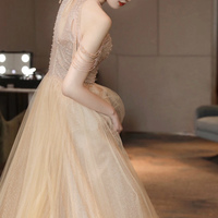 Champagne tulle beads long prom dress evening dress - Thumbnail 2