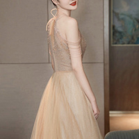 Champagne tulle beads long prom dress evening dress - Thumbnail 3