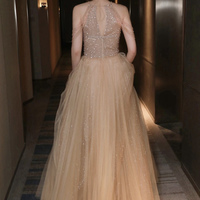 Champagne tulle beads long prom dress evening dress - Thumbnail 4