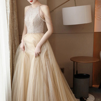 Champagne tulle beads long prom dress evening dress - Thumbnail 5