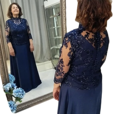 Navy blue mother of the bride dresses with full sleeves - Thumbnail 1