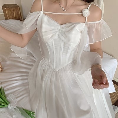 Elegant french european style sweet princess white & pink pastel off shoulder dress - Thumbnail 3