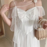 Elegant French European Style Sweet Princess White & Pink Pastel Off Shoulder Dress - Thumbnail 1