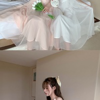 Elegant French European Style Sweet Princess White & Pink Pastel Off Shoulder Dress - Thumbnail 3