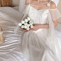 Elegant French European Style Sweet Princess White & Pink Pastel Off Shoulder Dress - Thumbnail 4