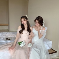 Elegant French European Style Sweet Princess White & Pink Pastel Off Shoulder Dress - Thumbnail 5