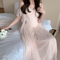 Elegant French European Style Sweet Princess White & Pink Pastel Off Shoulder Dress - Thumbnail 6