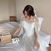 Elegant French European Style Sweet Princess White & Pink Pastel Off Shoulder Dress - Thumbnail 7