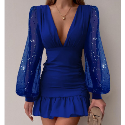 V-Neck Women'S Sequined Mesh Splicing Dress