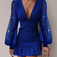 V-Neck Women'S Sequined Mesh Splicing Dress - Thumbnail 1