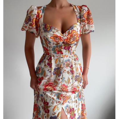 Women's printed puff sleeve slit dress
