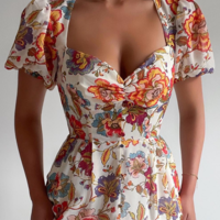 Women's Printed Puff Sleeve Slit Dress - Thumbnail 1