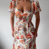 Women's Printed Puff Sleeve Slit Dress - Thumbnail 2