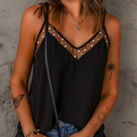 Sling Mesh Panel Beaded Sleeveless Top - Thumbnail 2