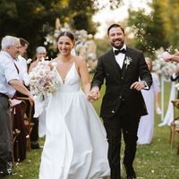 Ball Gown V Neck White Satin Long Wedding Dresses - Thumbnail 1