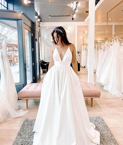 Ball Gown V Neck White Satin Long Wedding Dresses
